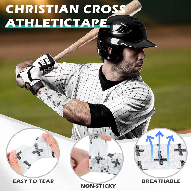 TrelaCo 2 Pcs Cross Tape Christian Athletic Tape 2IN X 15FT Elastic Wrist Wrap for Baseball Soccer Football Gymnastic Non Woven Jesus Self Adhesive Bandage Sport Bandage Wrap for Wrist, Feet (White) White