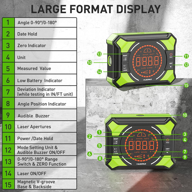 [Australia - AusPower] - Huepar Digital Angle Gauge with Laser Level, Rechargeable 3-in-1 Digital Angle Finder with Magnetic, Measures 0-90° & 0-180° Range, Digital Electronic Level Accessory for Woodworking Tools AG2L Digital Angle Gauge 