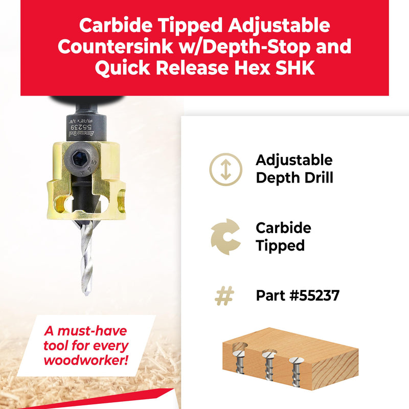 Amana Tool Carbide Tipped Adjustable Countersink with Depth Stop, 55239, 3/8 Dia x 49 Degree Angle x 1/4 Shank, Includes Replacement Drill Bit 630-230
