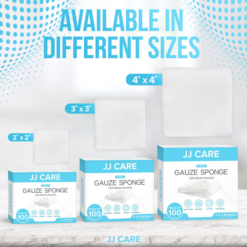 [Australia - AusPower] - JJ CARE Sterile Gauze Pads 2" x 2" (Pack of 100), 12-Ply Cotton Gauze Pads, Individually-Wrapped Sterile Gauze Sponges, 100% Woven, Non-Stick Medical Gauze Pads for First Aid Kit & Wound Care 2x2 Inch (Pack of 100) 