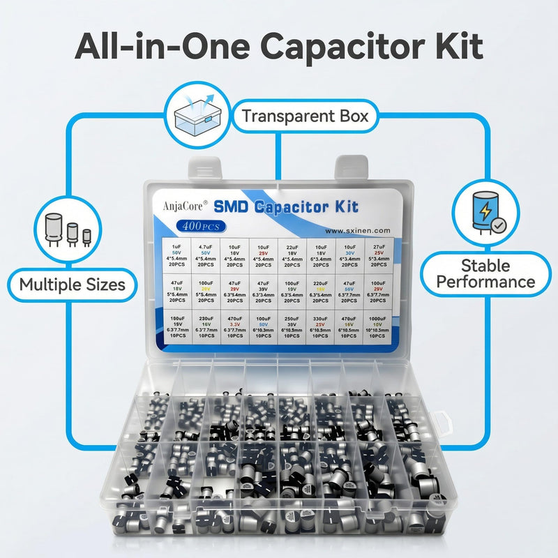 400 Pcs 24 Values 1uF-1000uF SMD Aluminum Electrolytic Capacitor Kit Assortment with Storage Box, ±20% Tolerance, -40℃ to 105℃ for DIY Repair LED Electronic Projects 400