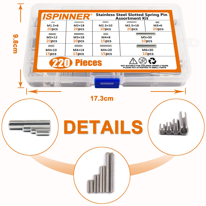 ISPINNER 220pcs Roll Pin Set, Stainless Steel Slotted Spring Pin Assortment Kit M1.5 M2 M2.5 M3 M4 M5 M6