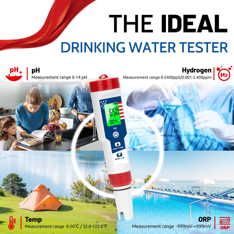 [Australia - AusPower] - Hydrogen Tester pH Meter for Drinking Water 4 in 1-pH/H2/ORP/TEMP Meter, Hydrogen Water Tester Kit for Hydrogen Water Bottle, pH and ORP Meter for Drinking Water Hydroponics Pool 