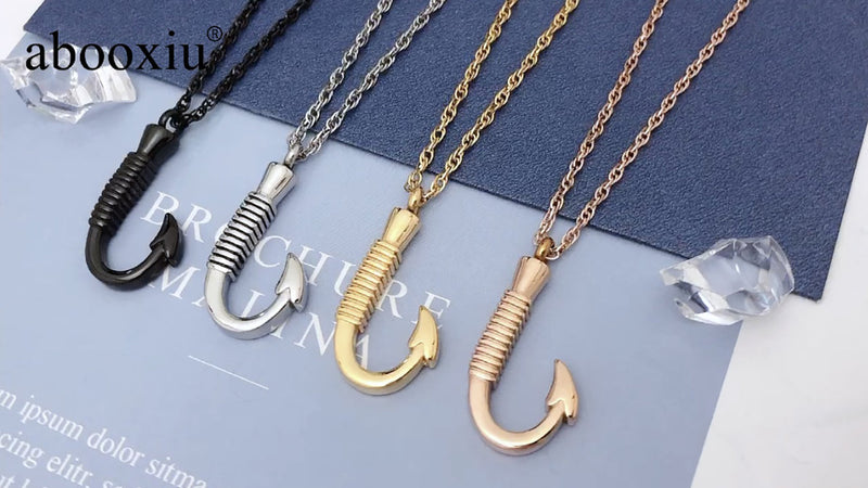 abooxiu Fishing Heart Hook Urn Necklace for Ashes Fish Heart Hook Stainless Steel Cremation Jewelry - Black Non-engraving