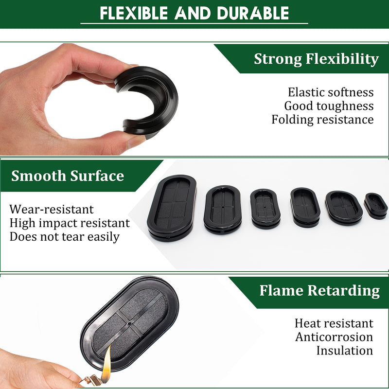 EASYEAH 30 Pcs Oval Rubber Grommets Kit for Wiring 30x85 20x50 20x44 25x40 25x60 13x27 mm Elongated Hole with 1 PC Knife, Double-Sided Closed Firewall Automotive Hole Plugs for Wire Cables Plumbing Black-30Pcs Oval