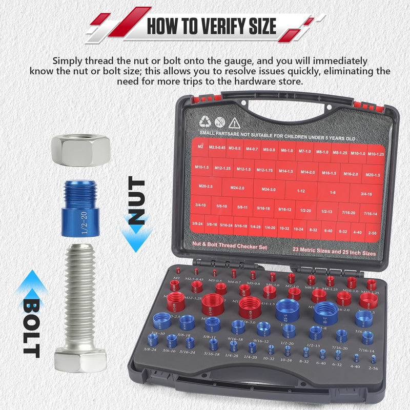 [Australia - AusPower] - 48Pcs Nut and Bolt Thread Checker Kit (25 Standard & 23 Metric), Detachable Bolt Size for Narrow and Tricky Spaces with Sturdy Case ScrewThread Gauge 