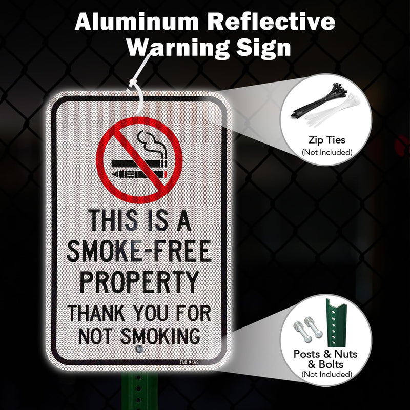 T&R (2 Pack) Large No Smoking Sign, Thank You For Not Smoking Sign, 18" x 12" Engineer Grade Reflective Sheeting, Rust Free Aluminum, Weather Resistant, Waterproof, Fade Resistant, 2 Pre-drilled Holes 18" x 12” - 2 Pack - No Smoking