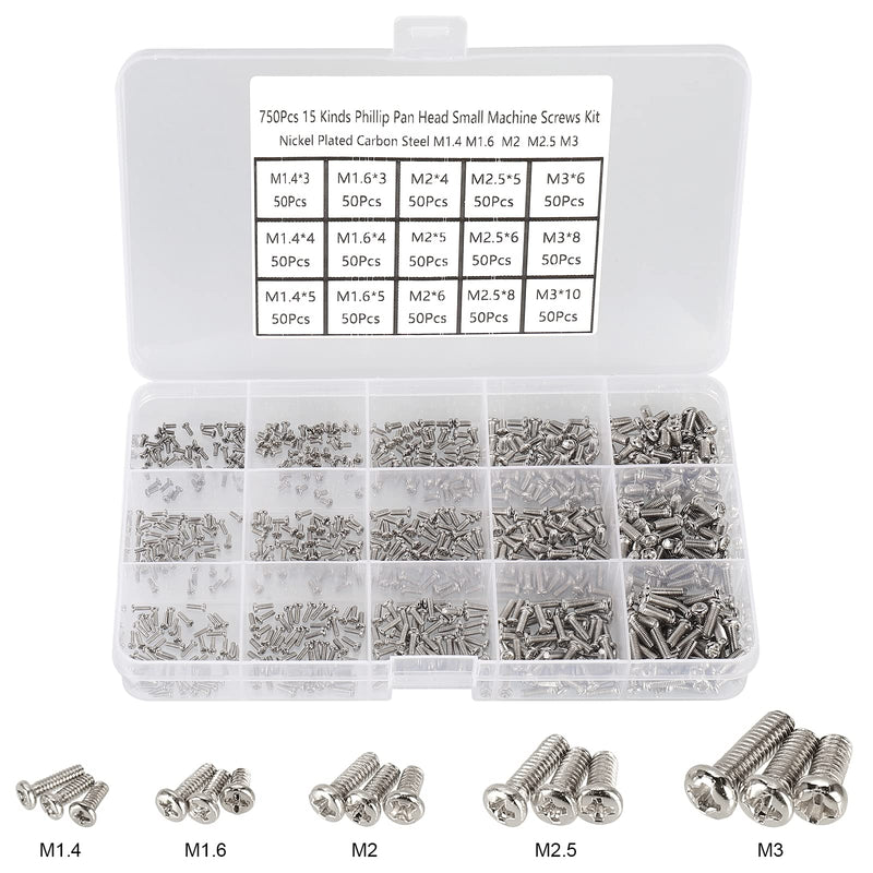 [Australia - AusPower] - 750pcs M1.4/M1.6/M2/M2.5/M3 Phillips Pan Head Small Machine Screws,Tiny Screw,Micro Little Screws,Mini Screw Assortment Kit for Watch,Toy,Electronic Equipment Repair,Nickel-Plated Carbon Steel 
