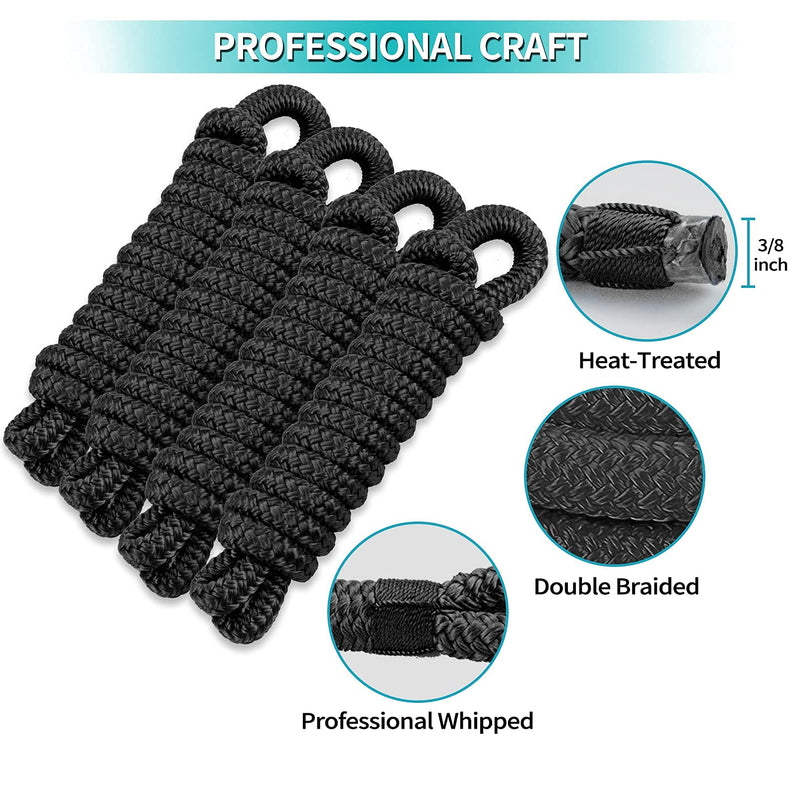 Boat Fender Lines 4 Pack 3/8" x 6FT- Boat Bumper Line Double Braided Nylon Fender Rope with 5" Eyelet Mooring Marine Rope for Boats Line & One End Can Be Spliced with Fenders to Used, Black 4PK-Black