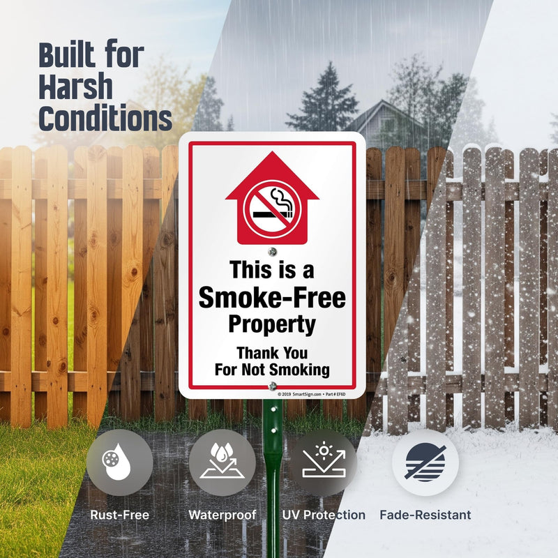 SmartSign This is A Smoke Free Property Sign, Thank You for Not Smoking for Yard | 10" x 7" Aluminum Sign & 21” Tall Stake Kit, Easy Installation
