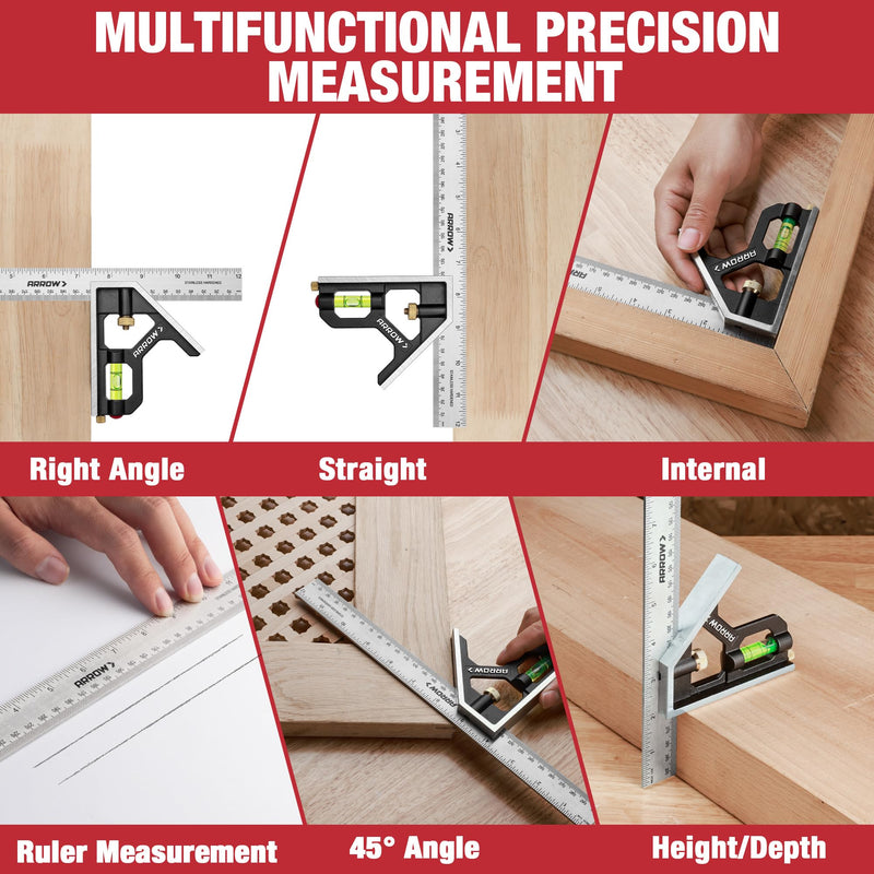 [Australia - AusPower] - DURATECH Magnetic Tape Measure 25FT with Fractions 1/8 and Arrow 7-Inch Aluminum Alloy Carpenter Square and 12-Inch Zinc Alloy Combination Square Set 