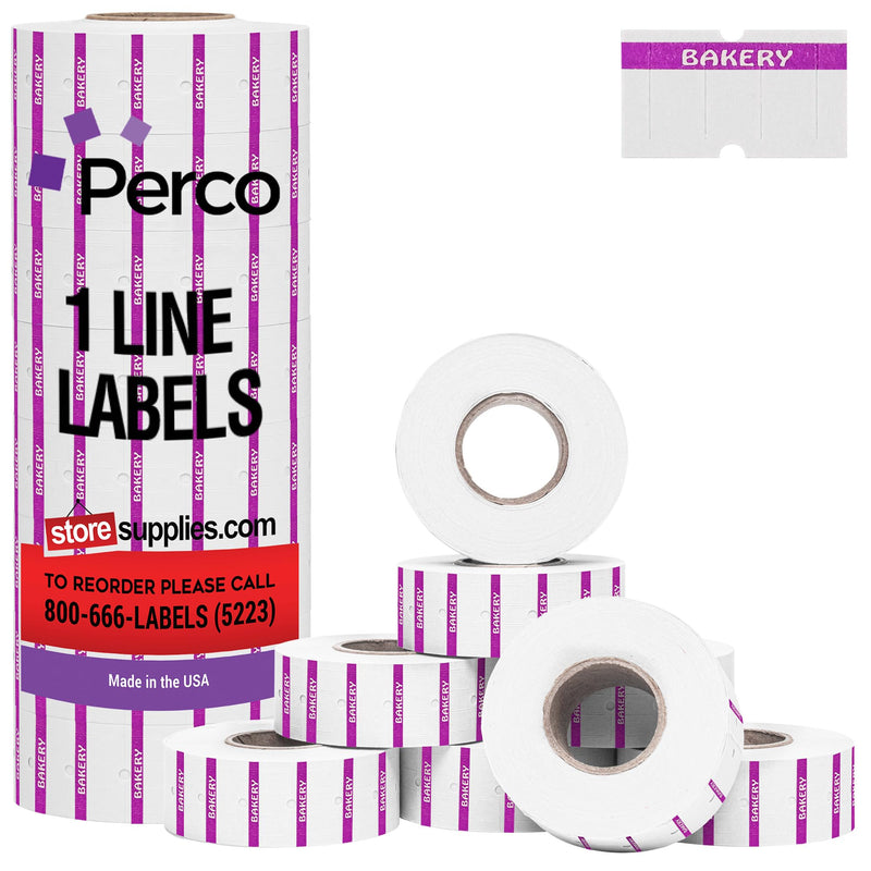 Perco 1 Line Purple Reverse Print on White Bakery Labels — 8,000 Labels for Perco Lite, X, Plus & Pro Guns—with Tamper-Proof Design for Marking Breads, Pastries, Cakes — 8 Rolls, 1 Sleeve—Made in USA