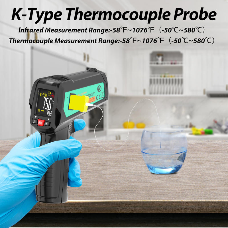 [Australia - AusPower] - Infrared Thermometer, K-Type Thermocouple Laser Temperature Gun Adjustable Emissivity Max Measure, Non Contact Surface Outdoor Heat Gun, Digital IR Temp Gun for Food, Cooking, BBQ, Pizza Oven 