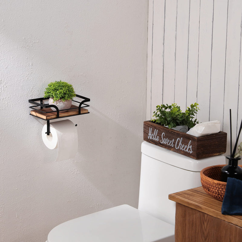 Rustic Farmhouse Toilet Paper Holder with Shelf - Farmhouse Bathroom Rustic Country Decor - Rustic Bathroom Accessories with Warm Brown Wood Shelf for Wipes&Cell Phone&Reading, Black Metal Dark Brown