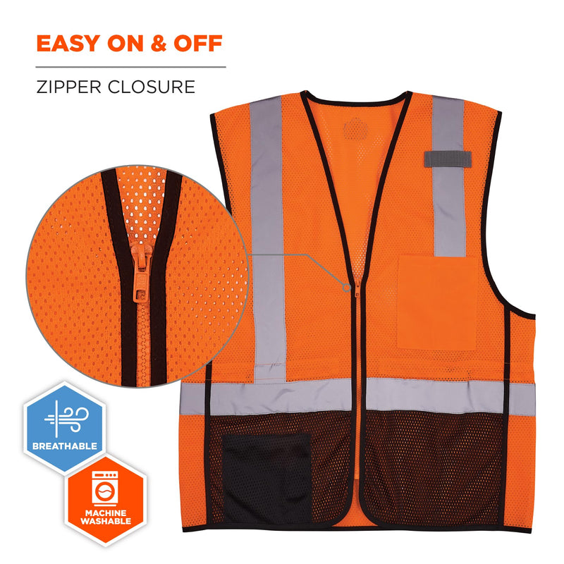 Ergodyne GloWear 8210Z-BK Class 2 Safety Vest, Hi Vis Mesh, Reflective, Black Front, Zipper Orange 4X-Large-5X-Large