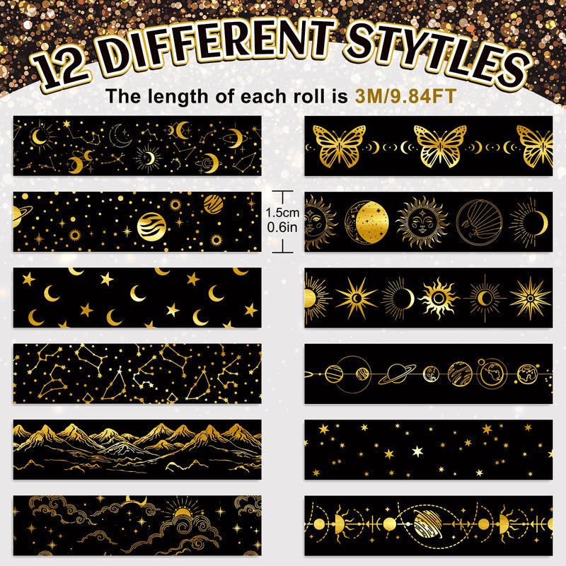 Whaline 12 Rolls Gold Foil Galaxy Washi Tape Black Gold Sun Moon Star Masking Tape Set Decorative Wrapping Paper Tapes for Scrapbook Journal DIY Art Crafts