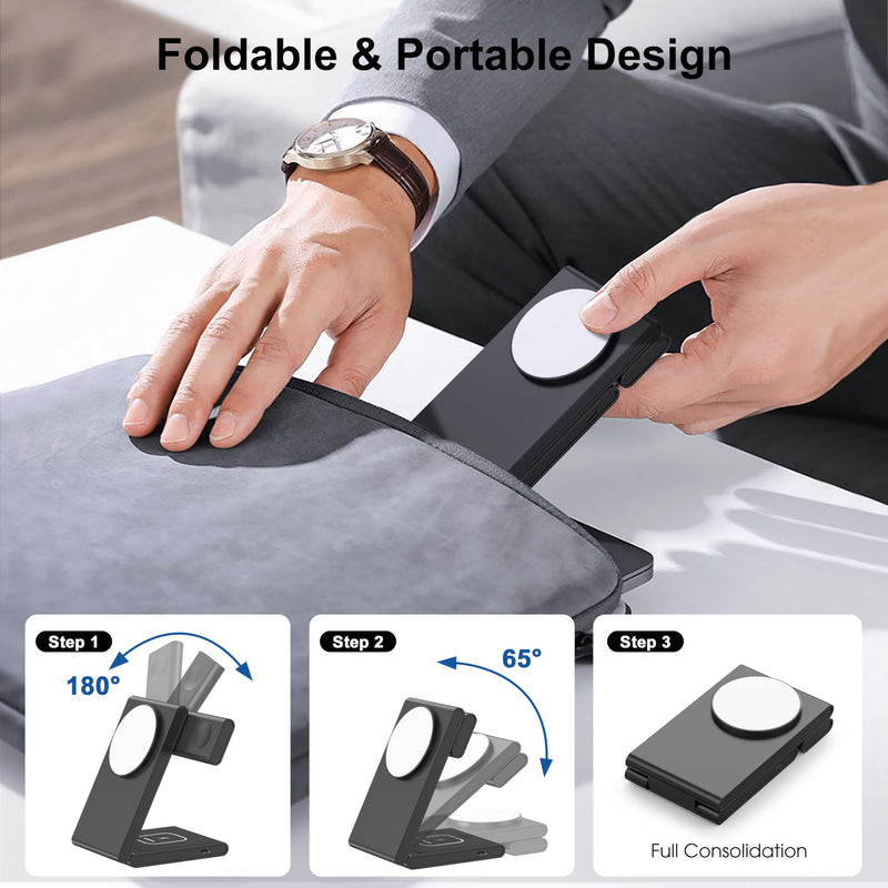 [Australia - AusPower] - 3 in 1 Wireless Charging Station for Multiple Devices, Fast Foldable Travel Mag-Safe Stand for iPhone 15 14 13 12 Pro Max/Plus/Pro/Mini, Magnetic Charger for Apple Watch/AirPods Pro with 20W Adapter Upgraded Black 