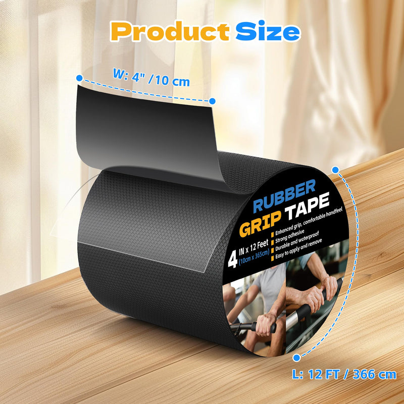 Rubber Grip Tape, 4 in x 12 Ft Black Ultra-Thin Strong Adhesive Non-Slip Tape, Anti-Slip Grip Tape for Handles, Waterproof Heat Resistant Cushion Grip, Comfortable in Hands 4 Inch x 12 Feet