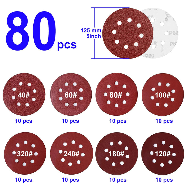 [Australia - AusPower] - Nutabevr Set of 80 Velcro Sandpaper, 8 Holes, Random Orbital Sanding Discs, Diameter 125 mm, Round Velcro for Random Orbital Sanders, Sanding Sheets Grit 40/60/80/100/120/180/240/320 