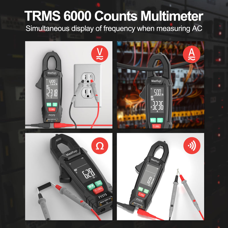 [Australia - AusPower] - Digital Clamp Meter Multimeter Tester T-RMS 6000 Counts, Auto-ranging Voltage Amp Tester with NCV Measures AC/DC Voltage & Current, Resistance, Capacitance, Frequency, Continuity, Live Wire FY375 