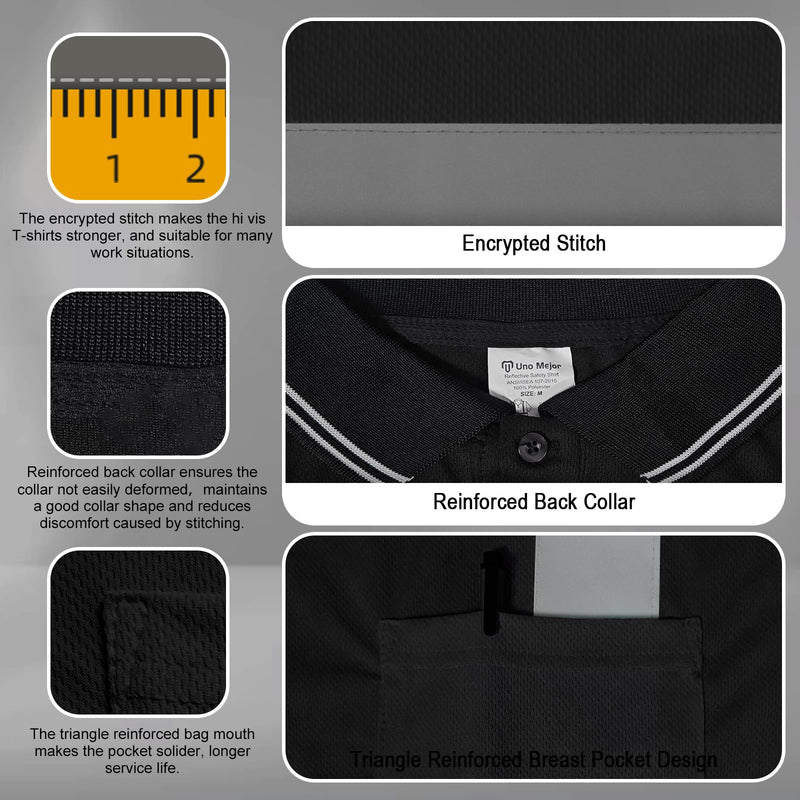 Hi Vis Polo Shirts for Men Construction Class 2 High Visibility Shirts, Reflective Safety T-Shirts for Men Women, Short Sleeve Work Shirts, Breathable, UPL-Black XL 1pc Black X-Large