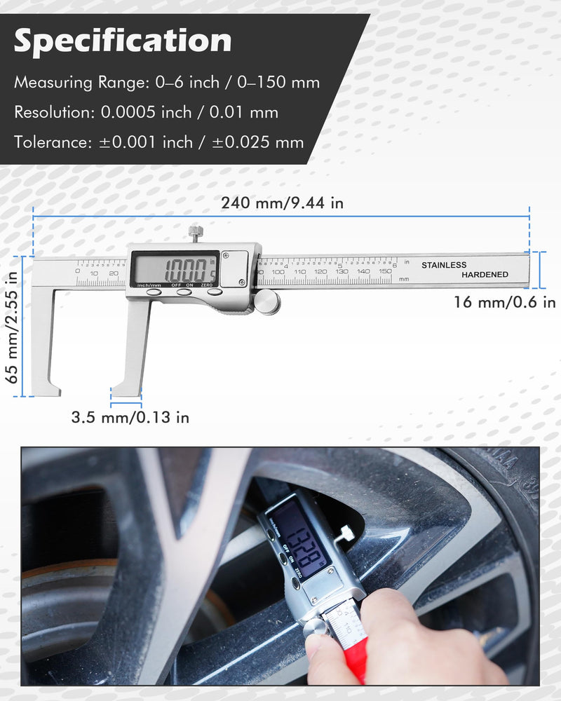 Brake Rotor Measuring Tool, Digital Caliper for Disc Brake Thickness, Rotor Gauge - No Wheel Removal, 6” Stainless Steel Vernier Rotor Micrometer, Large LCD, Inch/Metric Modes, Silver