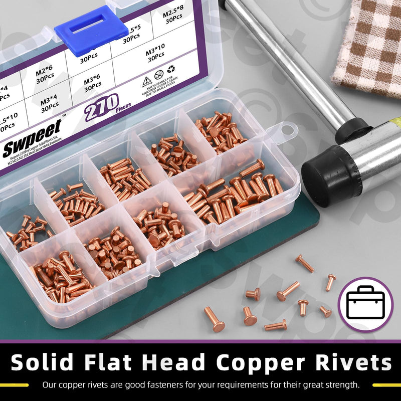 [Australia - AusPower] - Swpeet 270Pcs M2 M2.5 M3 Flat Head Copper Solid Rivet Metal Fasteners Set, Copper Solid Rivets Rivet Fastener Ideal for Electrical Applications Belts Wallets Collars Leather DIY Craft Supplies 