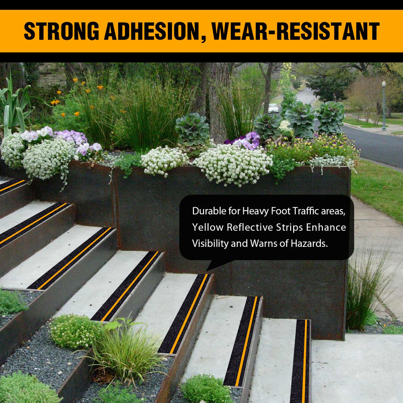 Anti Slip Grip Tape with Yellow Reflective Stripe, 4" x 33ft Non-Slip Traction Tape Strips Roll, Indoor & Outdoor Waterproof Non-Skid Tape for Stair Treads Steps Ramps 4 Inch x 33 Feet Black with Reflective Yellow Strips
