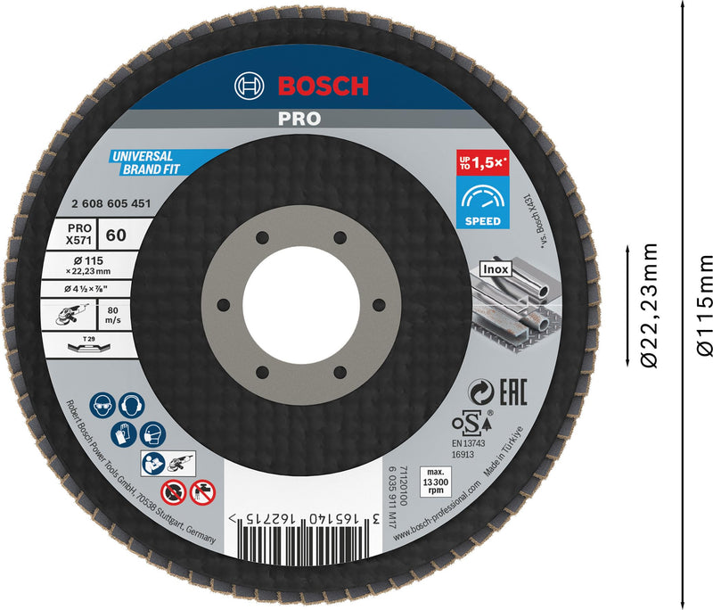 [Australia - AusPower] - Bosch 1 x PRO Metal X571 Flap Sanding Disc, Angled Design, Fibre, for Small Angle Grinders (for Steel, Stainless Steel, Diameter 115 mm, Grit 60, Professional Accessories, Small Angle Grinder) Ø 115 mm 