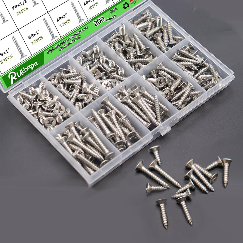 [Australia - AusPower] - 200PCS 304 Stainless Steel High Hardness Wood Screws Assortment Kit, 3 Sizes #8×1/2",#8×3/4",#8×1",Phillips Drive Flat Head, Wood Screws, Screws, Drywall Screws, Assorted Screws, Screws Set 