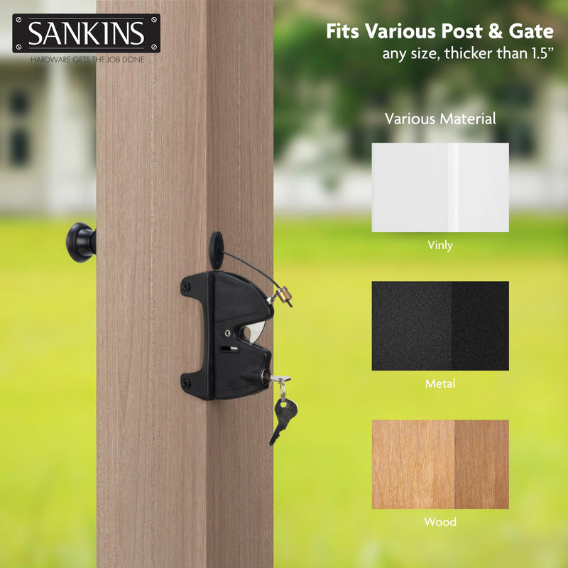 Key Lockable Fence Gate Latch, 2 Sided Gate Lock Latch for Outdoor Fence, Keyed Fence Lock Latch with Spring Loaded Pull Cable, Fence Latch Gate Hardware for Wood, Vinyl, Metal Gates, Black