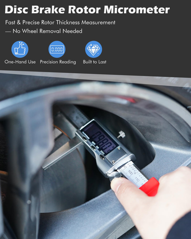 Brake Rotor Measuring Tool, Digital Caliper for Disc Brake Thickness, Rotor Gauge - No Wheel Removal, 6” Stainless Steel Vernier Rotor Micrometer, Large LCD, Inch/Metric Modes, Silver