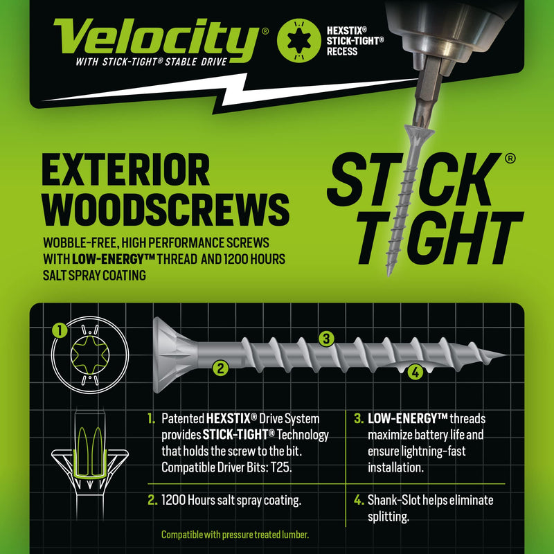 [Australia - AusPower] - Velocity Long Length Exterior Wood Screws and T25 Torx Bits – Rust Resistant Long Wood Screw Set with StickTight Hexstix Driver Bit, Long Screws for Wood and Retaining Wall (Size #12 x8", 25 Count) #12 X 8" QTY 25 