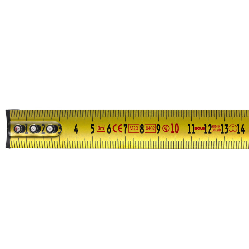 SOLA Big T Tape Measure 8 m / 25 mm Extremely Robust Professional Tape Measure with Belt Clip Steel Tape Painted Yellow with mm Scale Accuracy Class I Roll Meter with Non-Slip End Hook Length 8 m / 25 mm