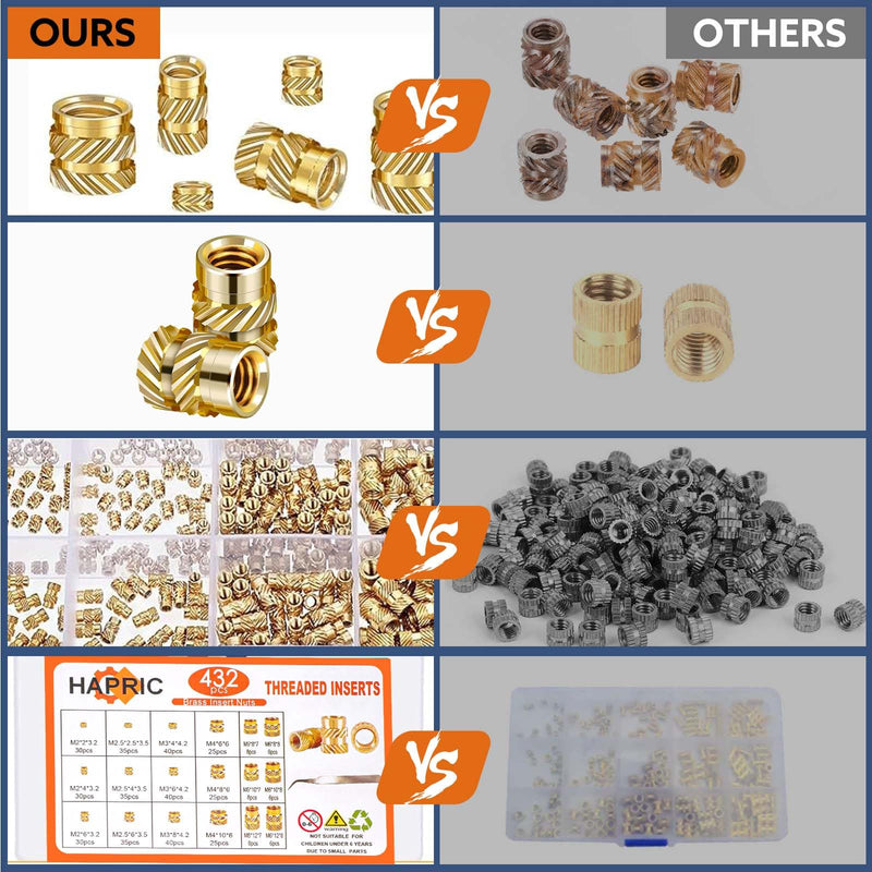 [Australia - AusPower] - 432 Pcs Threaded Inserts for Plastic Heat Set Insert M2 M2.5 M3 M4 M5 M6 Brass Metric Knurled Nuts Kit for 3D Printing Automotive Plastic Shell 