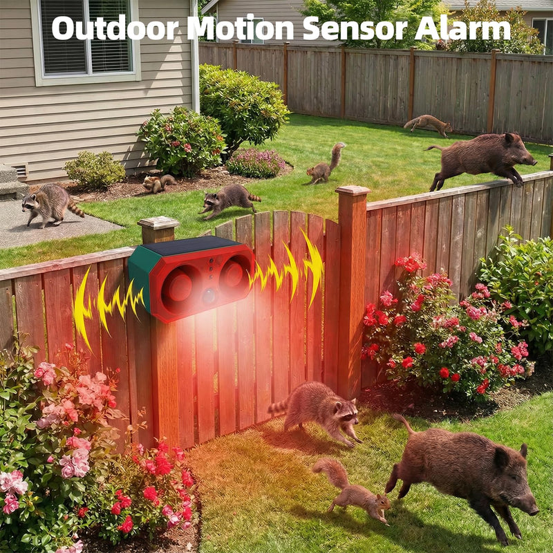Solar-Outdoor Motion Sensor Alarm: Coyote Deterrent 130dB Dual Speakers Sound, Motion Light & Remote|Animal Deterrent for Yard/Farm/Chicken Coop N911T