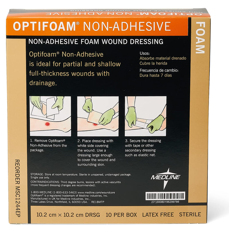 [Australia - AusPower] - Medline Optifoam Non-Adhesive Foam Dressings, Sterile, 4" x 4" (Pack of 10) 4X4 