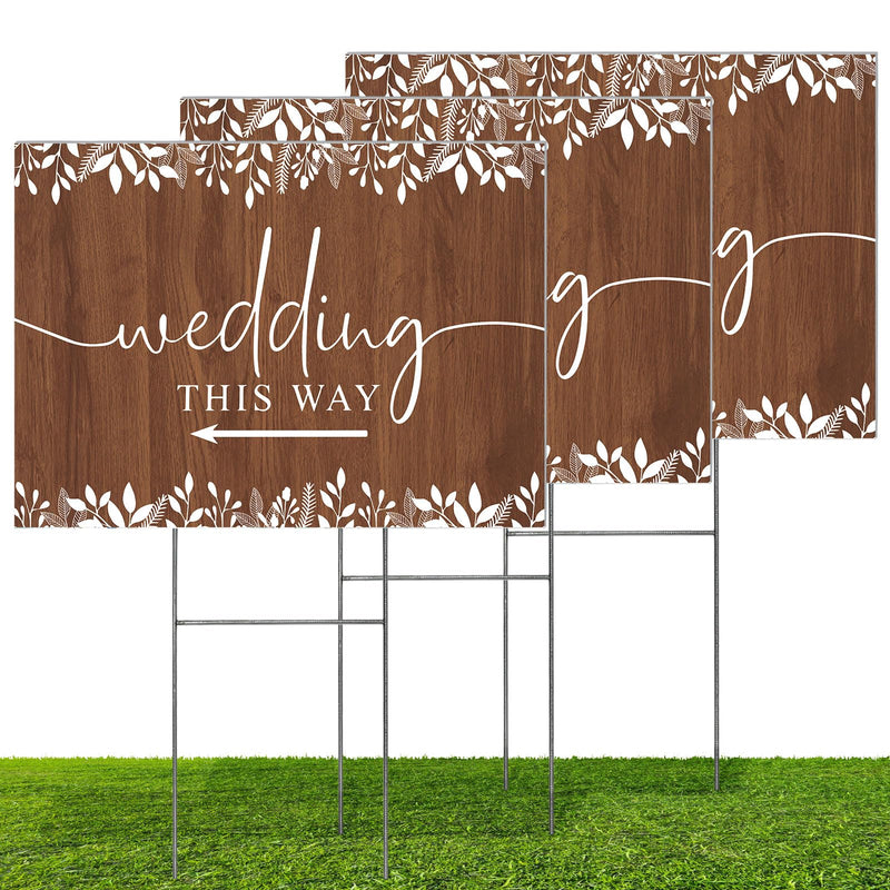 3 Pack 17''×12.5'' Wedding This Way Signs Double Sided Printed Wedding Directional Parking Sign with Stakes for Ceremony Reception Lawn Yard Arrow Signs Plastic Rainproof Party Supplies,Rustic Brown 17” x 12.5”