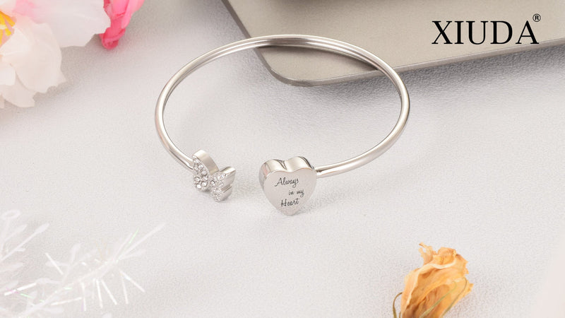 XIUDA Urn Bracelet for Human Ashes Butterfly Heart Ash Bracelet for Women Stainless Steel Openable Cuff Bangle Cremation Bracelet - Always in My Heart Silver