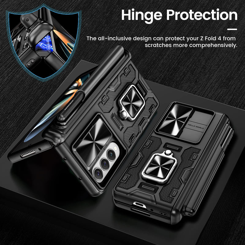 [Australia - AusPower] - VEGO for Galaxy Z Fold 4 Case with S Pen Holder, [Hinge Protection][360°Ring Magnetic Kickstand][Slide Camera Cover][Front Screen Protector] Protective Armor Case for Samsung Galaxy Z Fold 4- Black 