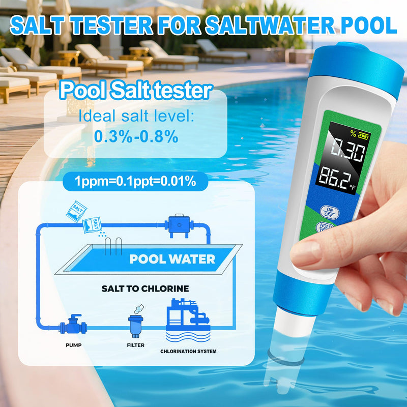 [Australia - AusPower] - KingSom Pool Salt Tester,Digital Salt Water Pool Tester & PH Tester for Aquarium,High Accuracy Digital Salinity Tester,5 in 1 Salinity PH Temp EC TDS Meter,Pool Water Tester for Swimming Pool Hot Tub 