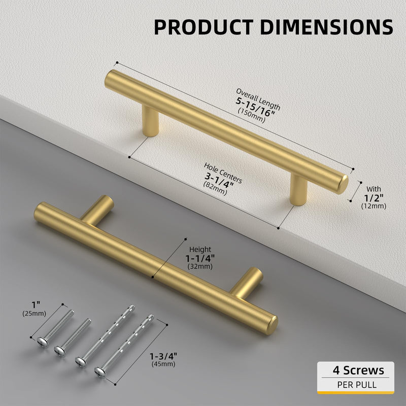 Goldenwarm 20 Pack 3-1/4 Inch Cabinet Handles - Brushed Brass Drawer Pulls - Kitchen & Bathroom Cabinet Handles Gold Decorative Dresser Hardware 3-1/4in Hole Centers