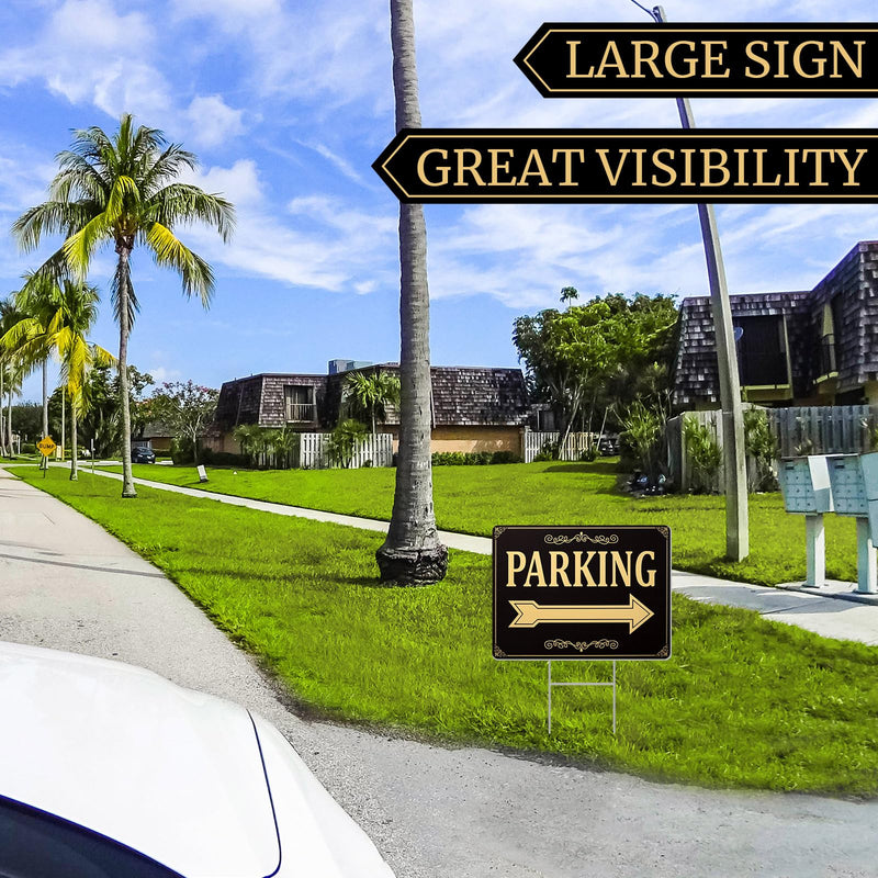 Menkxi 4 Pcs Parking Sign with Metal H Stake 12 x 16 Inch Double Sided Event Parking Sign Corrugated Plastic Waterproof Durable Guest Directional Arrow Signs for Outdoor Yard Wedding, Black and Gold