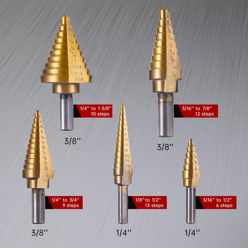 Step Drill Bits, 6PCS (50 Sizes) HSS Step Unibit Drill Bit Set with Automatic Center Punch, Double Cut Blades High-Speed Steel with Aluminum Case, Multi-Hole Stepped Up Bits for DIY Lovers