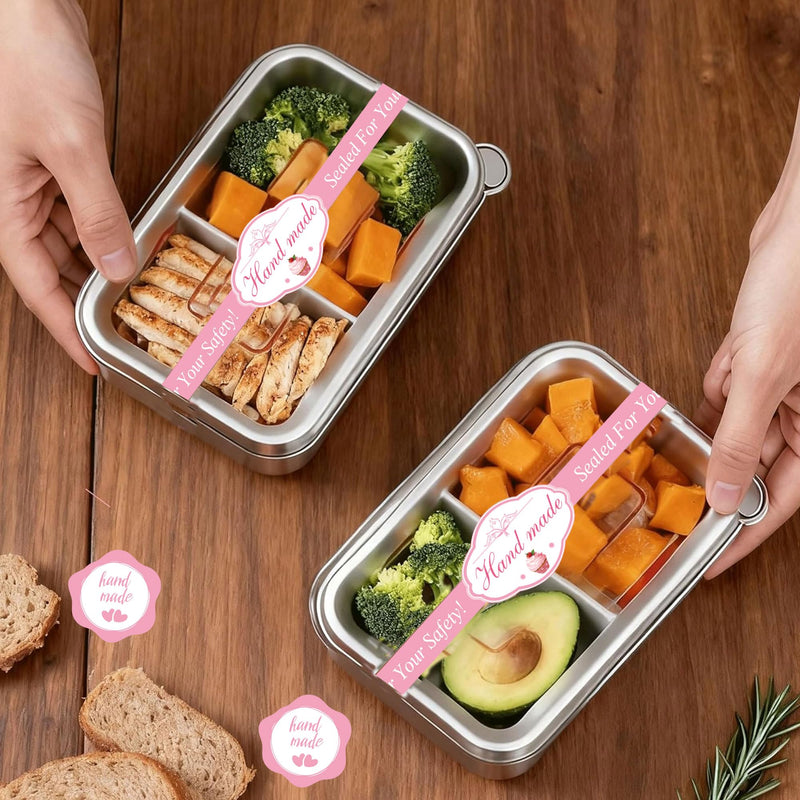 100 Pcs Handmade Food Retail Package Seal Labels 9x1'' Safe Secure Tamper Evident Labels 100Pcs Handmade Food Baking Label with 1.75 '' 100Pcs Hand Made Stickers for Cake Dessert Box Packaging Pink