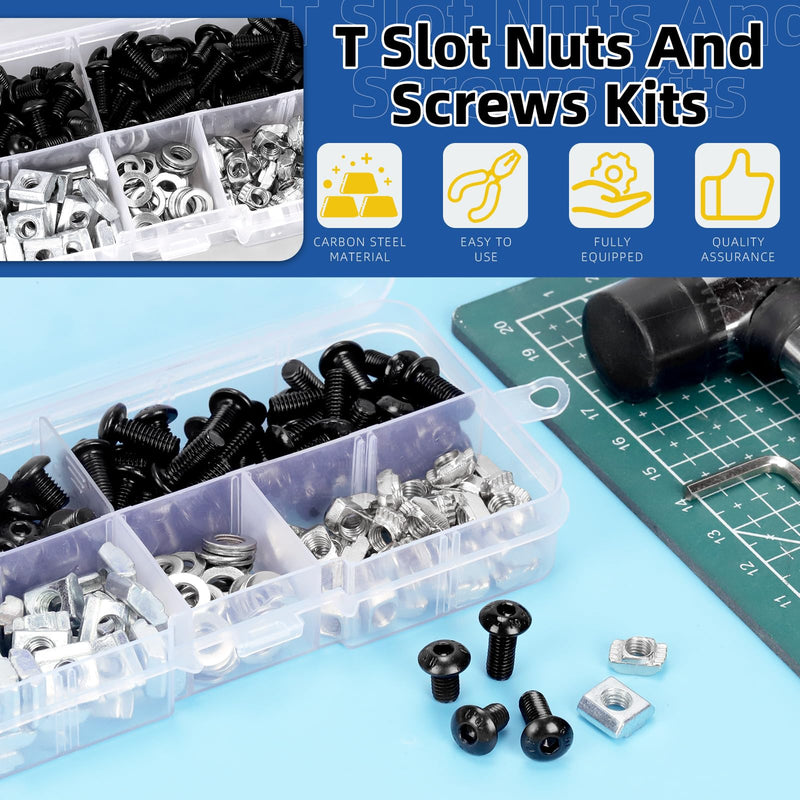 [Australia - AusPower] - Glarks 201pcs M5 T Slot Nut and Button Head Socket Cap Screw Kit for 2020 Series Aluminum Extrusion, 40pcs 2020 Series T Nut and 40pcs T Sliding Nut, 80pcs Hexagon Socket Screw with 40pcs Flat Washers Metal 