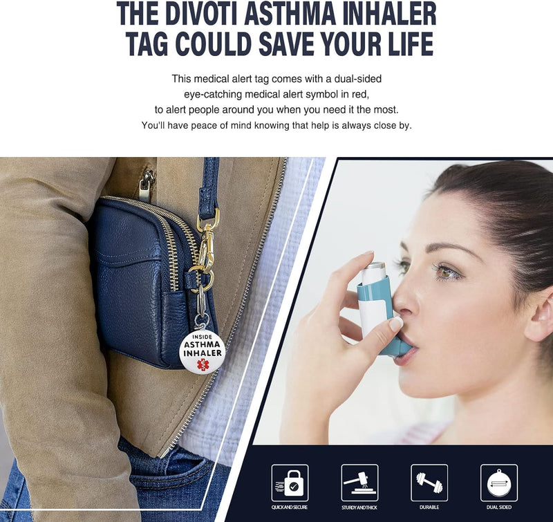 Divoti Asthma Inhaler Inside Bag Tag 1.25" - Quick Clip | Pre-Engraved Stainless Steel Dual-Sided Medical Alert Tag | Bold Lettering |Ideal for Emergency & Medical Alert Condition 1.25" Quick Clip
