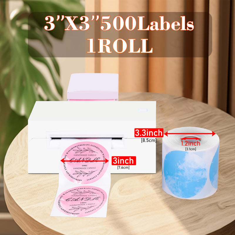 PARLAIM 3 Inch Watercolor Green Circle Thermal Sticker Labels, Self-Adhesive Round Address Labels, Multi-Purpose Roll Thermal Stickers Tap for Business-500 Labels/1 Roll 3 x 3 inch