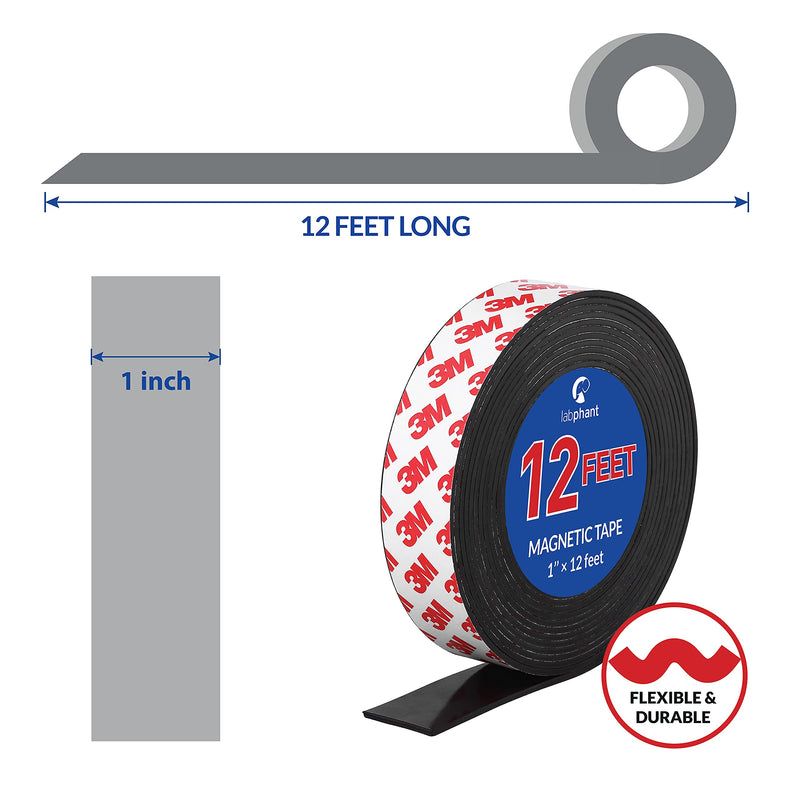 Magnetic Tape, 12 Feet Magnet Tape Roll (1'' Wide x 12 ft Long), with 3M Strong Adhesive Backing. Perfect for DIY, Art Projects, whiteboards & Fridge Organization