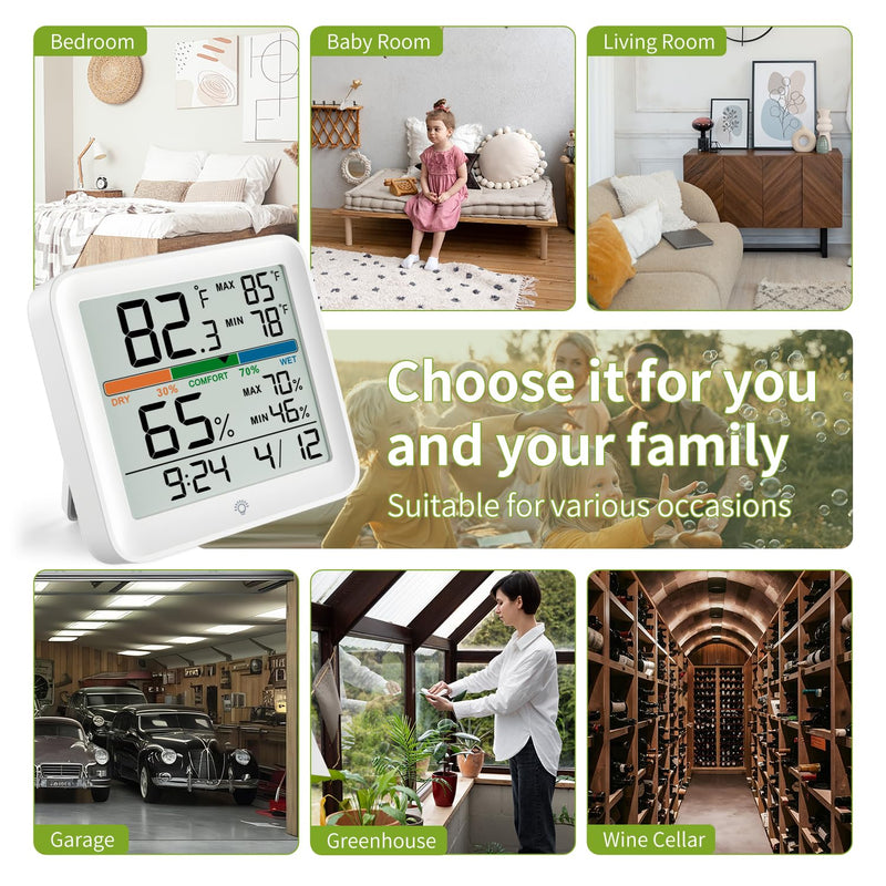 Indoor Thermometer Room Temperature Home Hygrometer Humidity Gauge, Accurate with Calibration, Backlight, Air Comfort Indicator, 24H Max Min Records, Time, Date (AAA Batteries Included) 3.6"W x 3.4"H White 1